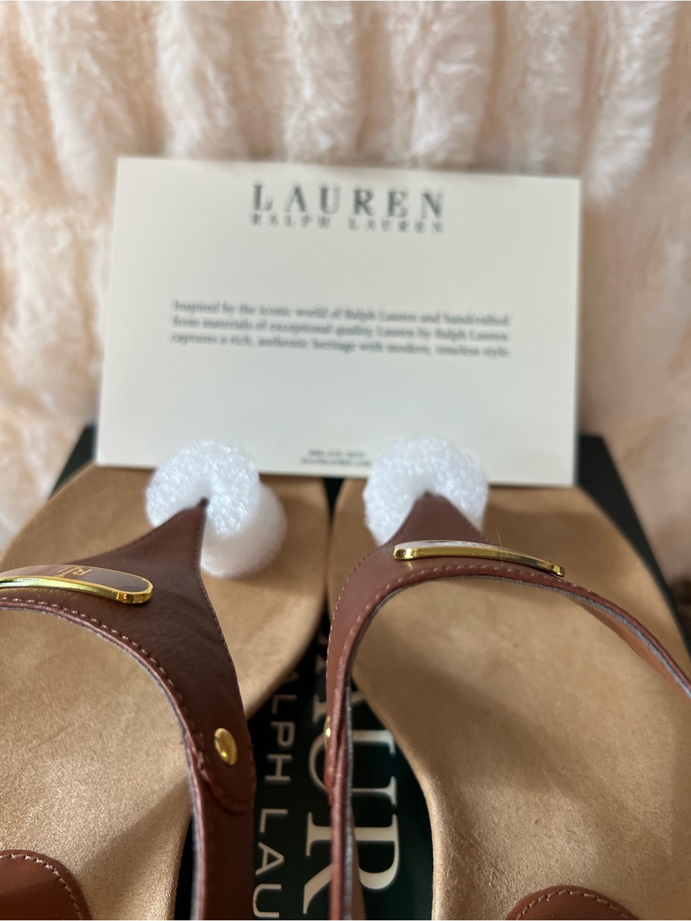 Lauren Ralph Lauren Brown Leather T-Strap Sandals with Gold Hardware - Picture 2 of 8